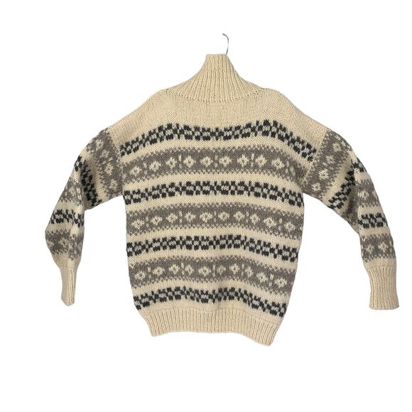 Hand Knit Fair Isle Sweater Ivory Gray Turtleneck Large - Picture 2 of 6